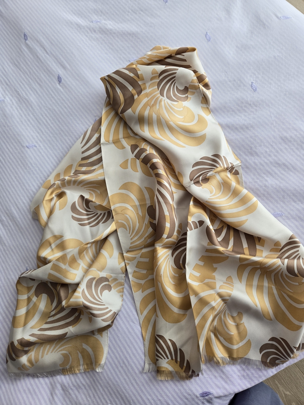 Frey Wille 100% Silk Long Scarf in Cream, Gold and Brown Swirl Print